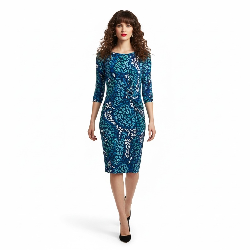 Sangaria Blue Animal Print Sheath Dress | Ruched Detail 3/4 Sleeve - Size 10